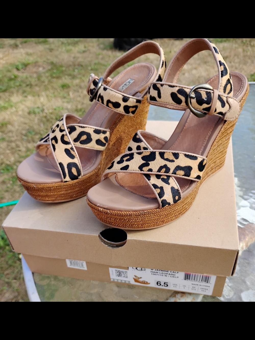 UGG Jasmine Leopard Print Espadrille Wedge Sandals in Tan and Black